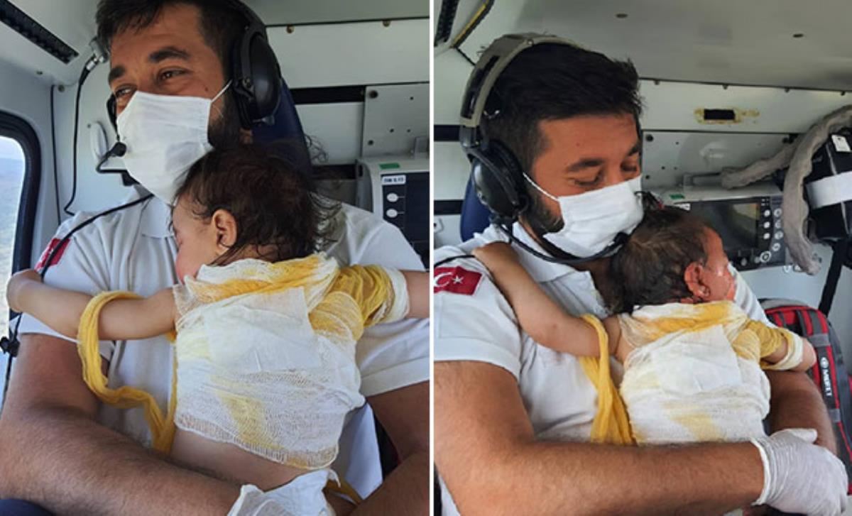 Kaynar suyla yanan Beril bebek ve Acil Tıp Teknisyeni Mehmet Canko'nun fotoğrafı sosyal medyada gündem oldu
