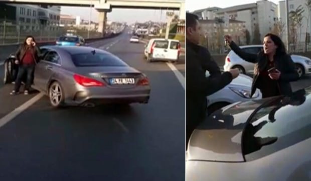 E-5'te otobüsün önünü kesti, yolu trafiğe kapattı