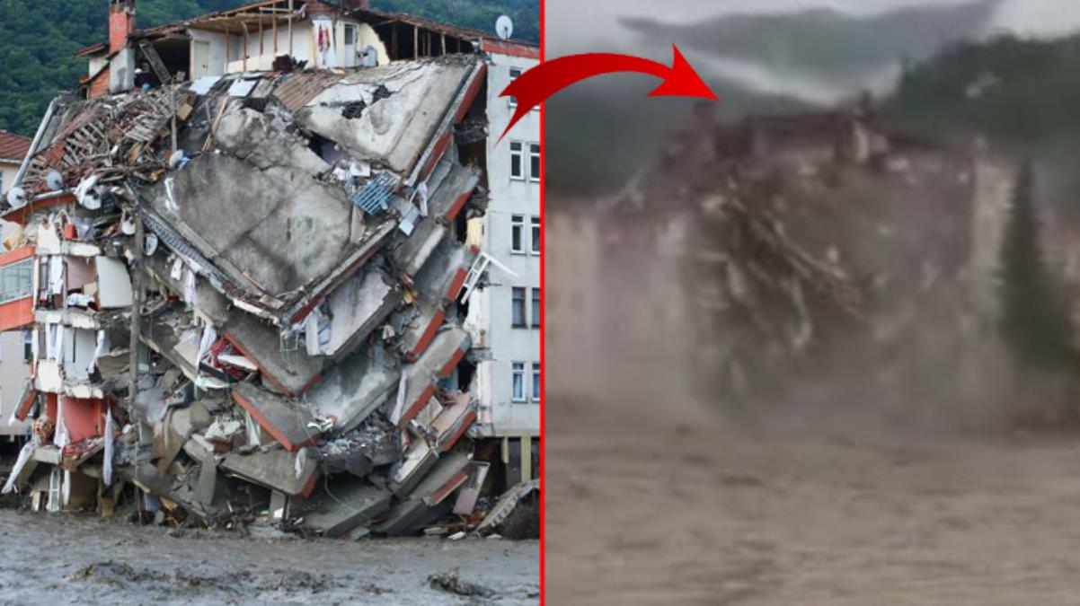 Kastamonu'nun Bozkurt ilçesinde selin yerle bir ettiği binanın yıkılma anı görüntüleri ortaya çıktı